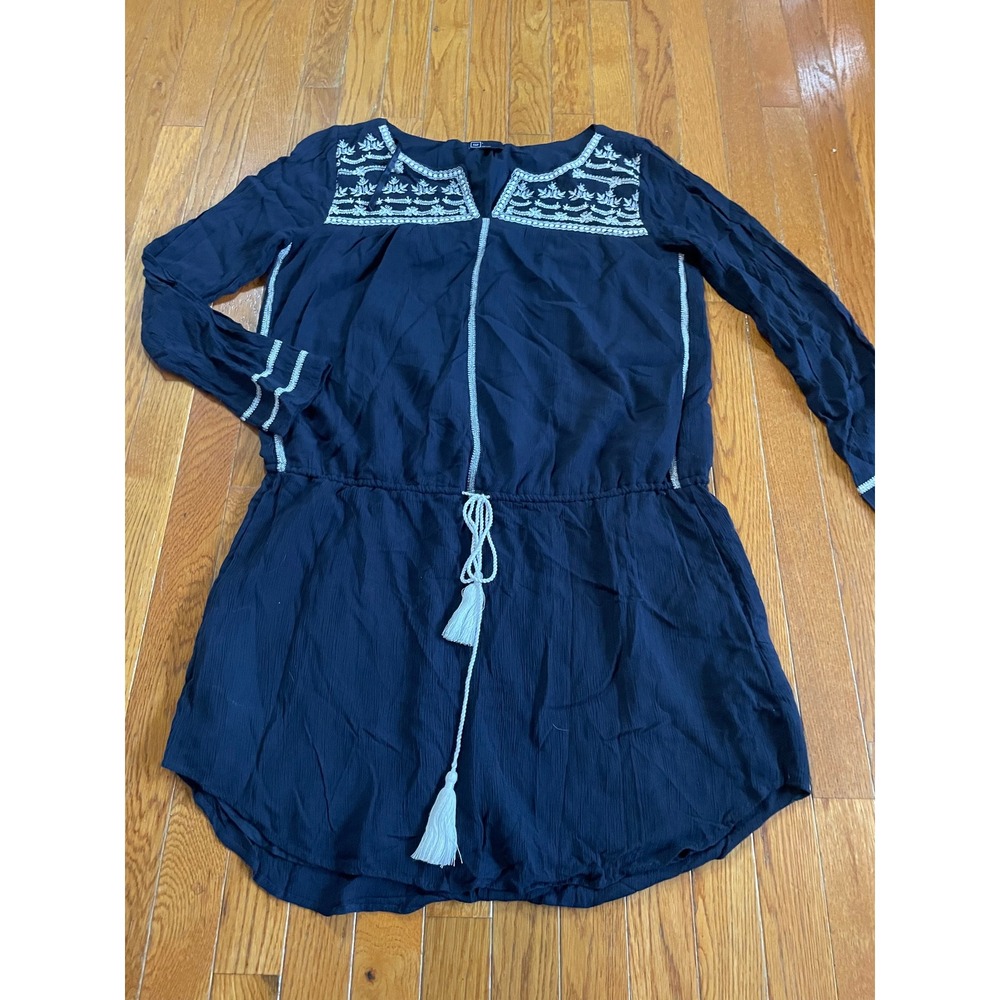 GAP Short Dress Womens Sz Large Navy Tassel Embroidered Boho Rayon Lined Pocket‎